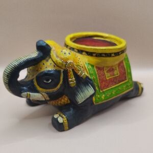 Vintage India World Market Colorful Trunk Up Elephant Ceramic Figurine